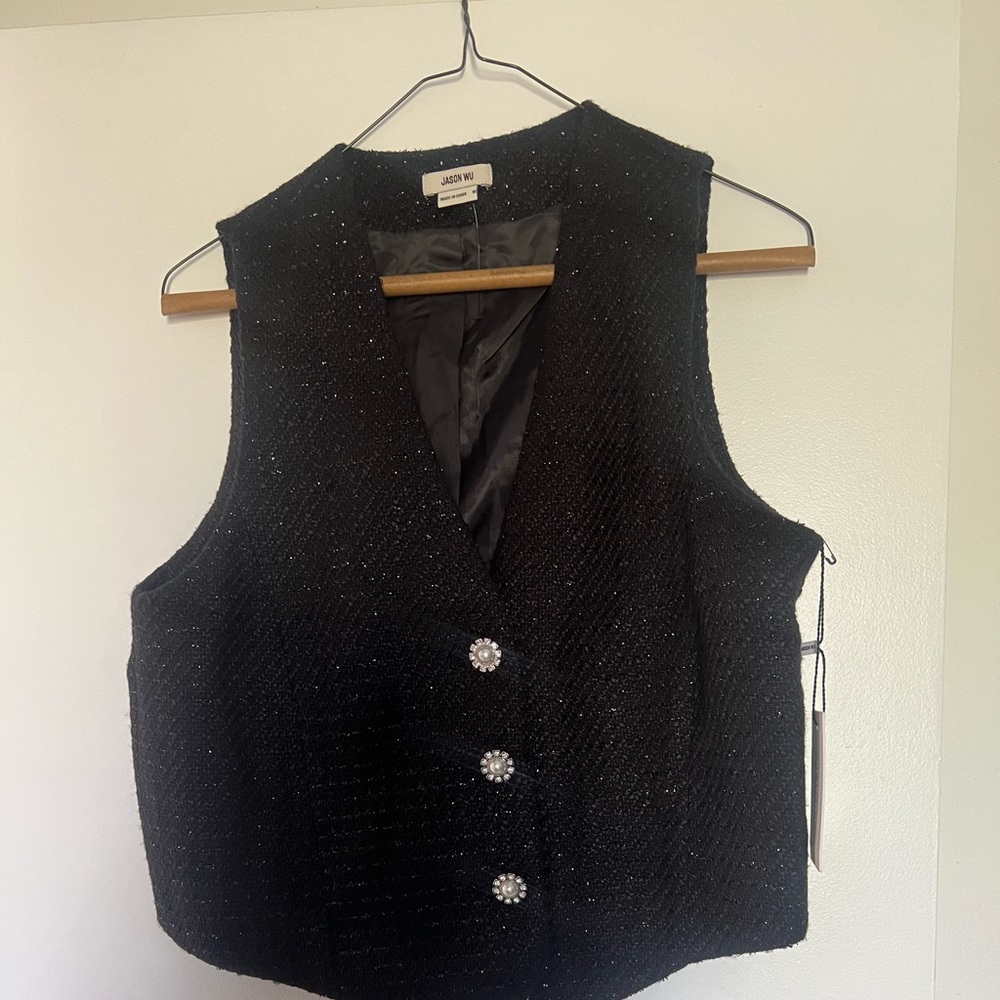 NWT Size Large Medium Jason Wu Black Metallic Tweed Jewel button Vest